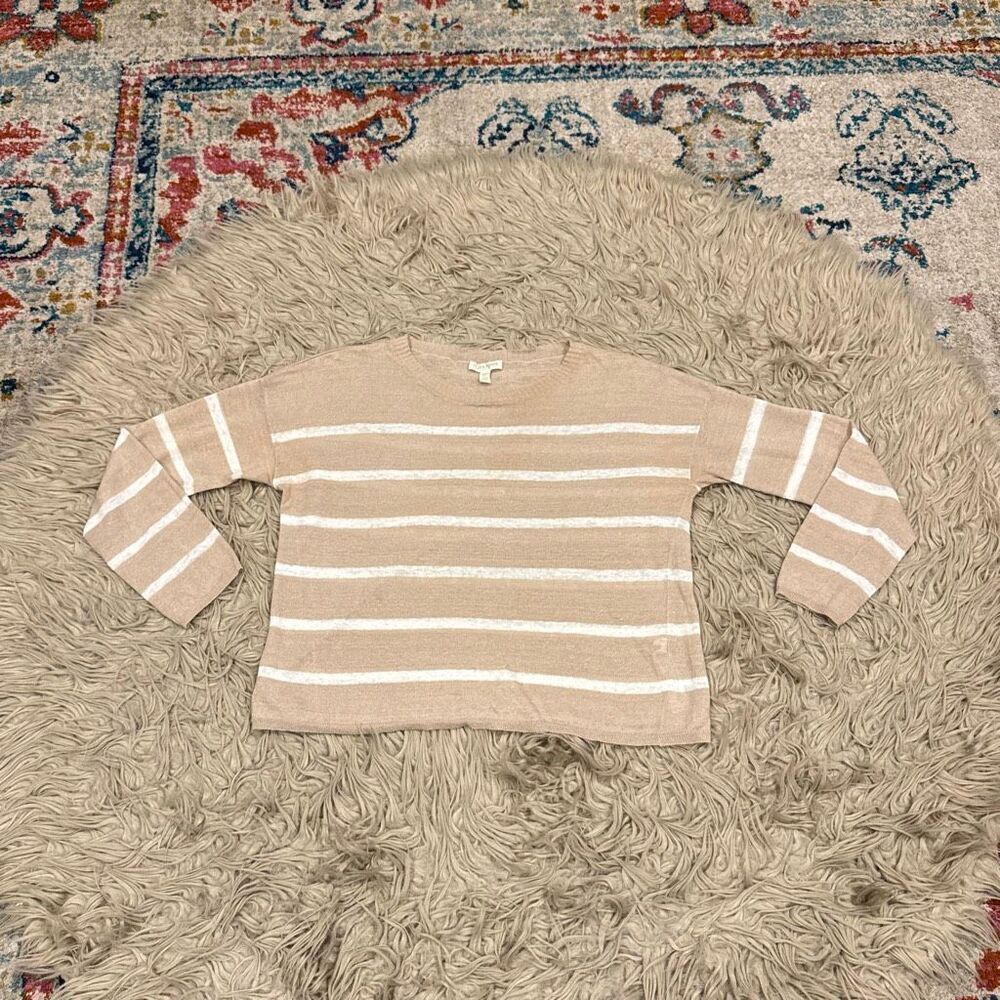 Eileen Fisher organic linen blend striped round neck box top sweater size petite